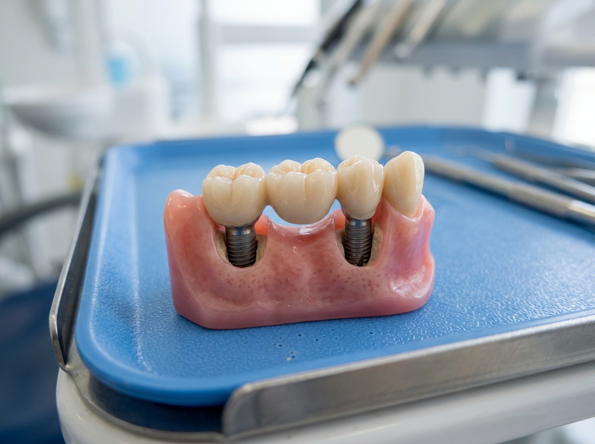3-unit dental implant bridge model with two titanium posts and three connected crowns at Dental NKT