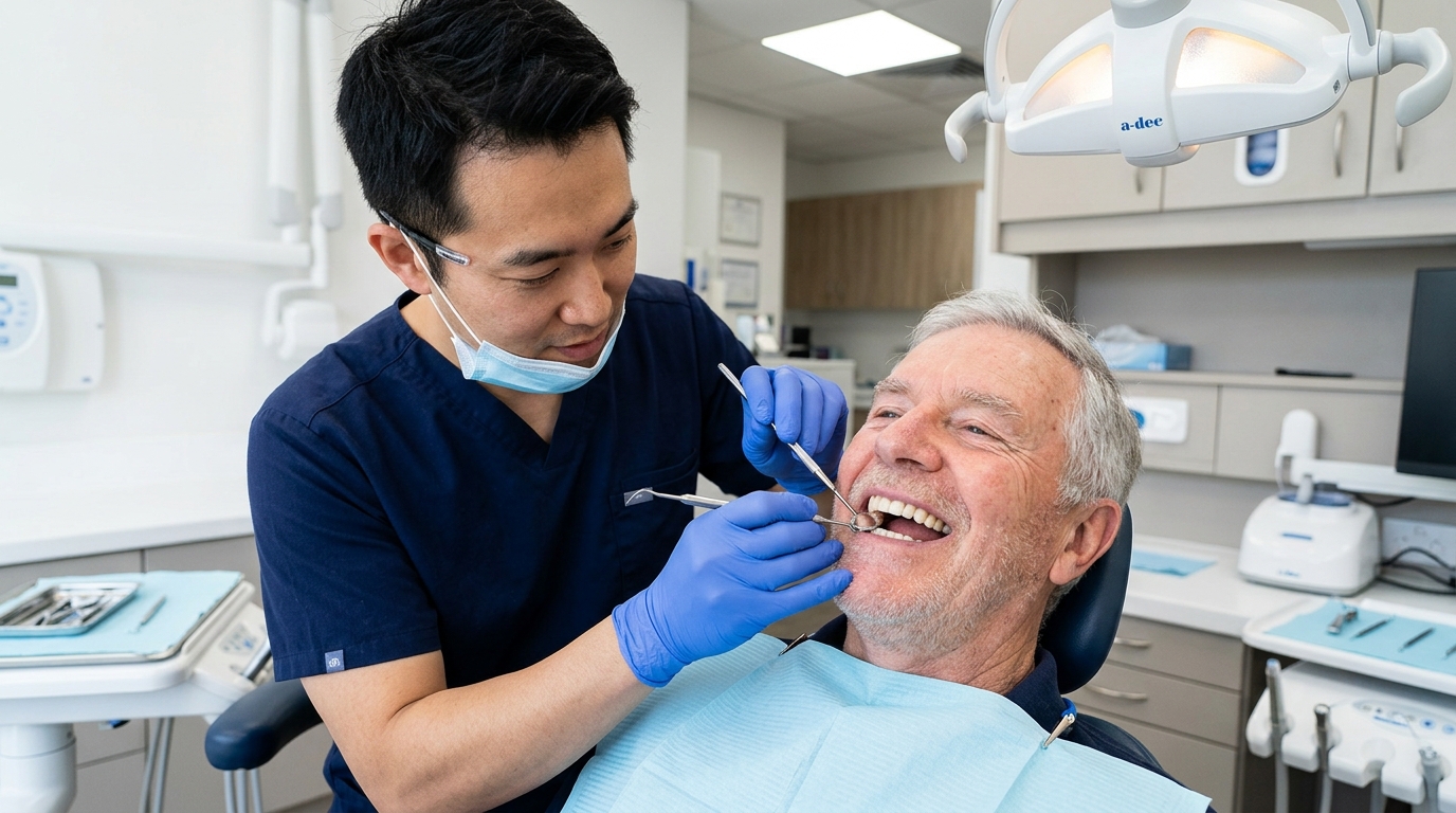 Patient receiving professional dental checkup for long term All on 4 implant bridge maintenance