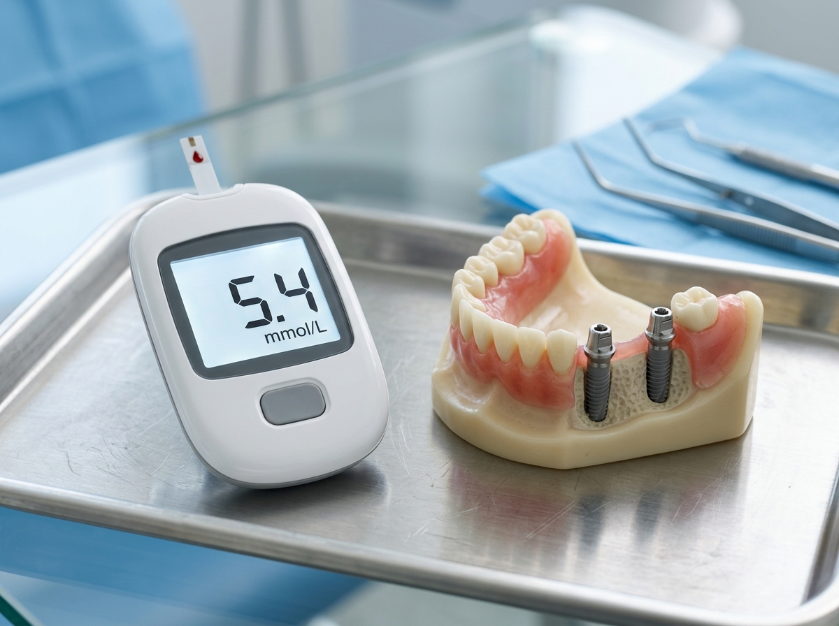 Digital blood glucose monitor and titanium dental implant model at Dental NKT