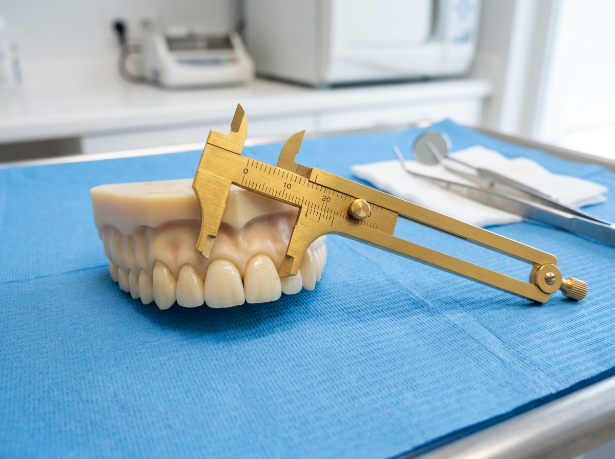 Golden proportion caliper measuring central incisors for diastema gap closure at Dental NKT