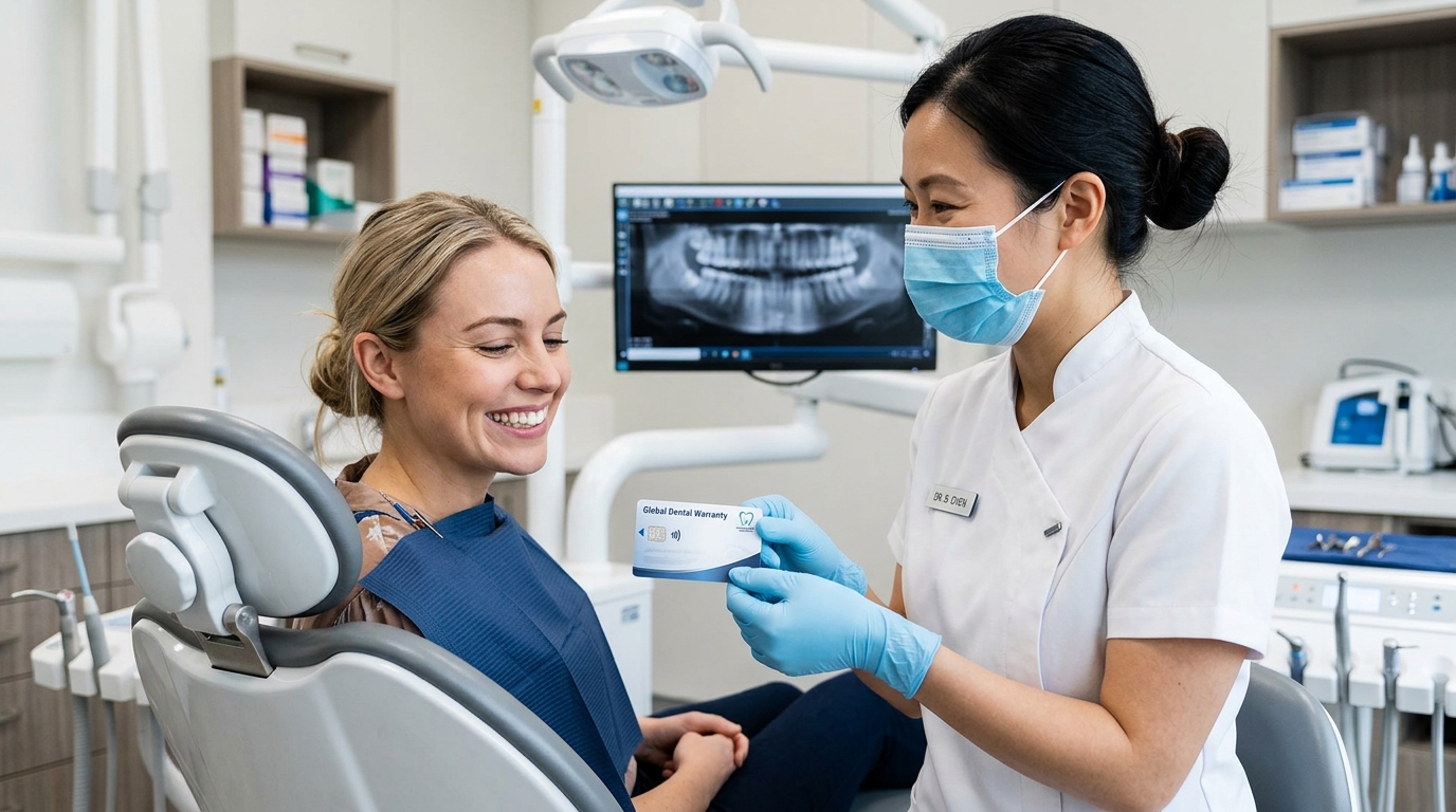 Dr. Nguyen Thu Hoai showing global ceramic warranty card to patient for emax veneers warranty longevity