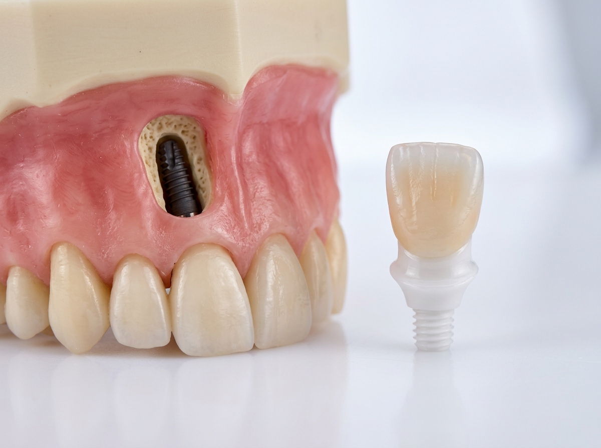 Precision custom zirconia abutment and ceramic crown model at Dental NKT