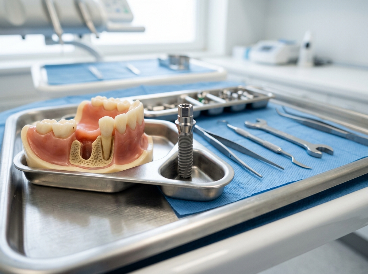 Titanium dental implant post sitting next to an extraction jaw model at Dental NKT