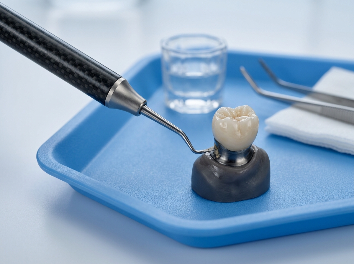 Carbon fiber dental scaler instrument cleaning a titanium dental implant crown model at Dental NKT