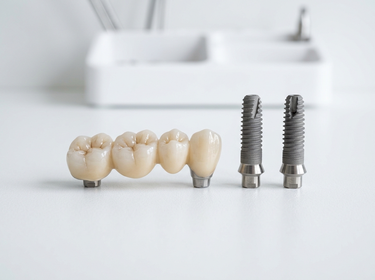 Precision 3 unit ceramic bridge next to titanium implant posts at Dental NKT