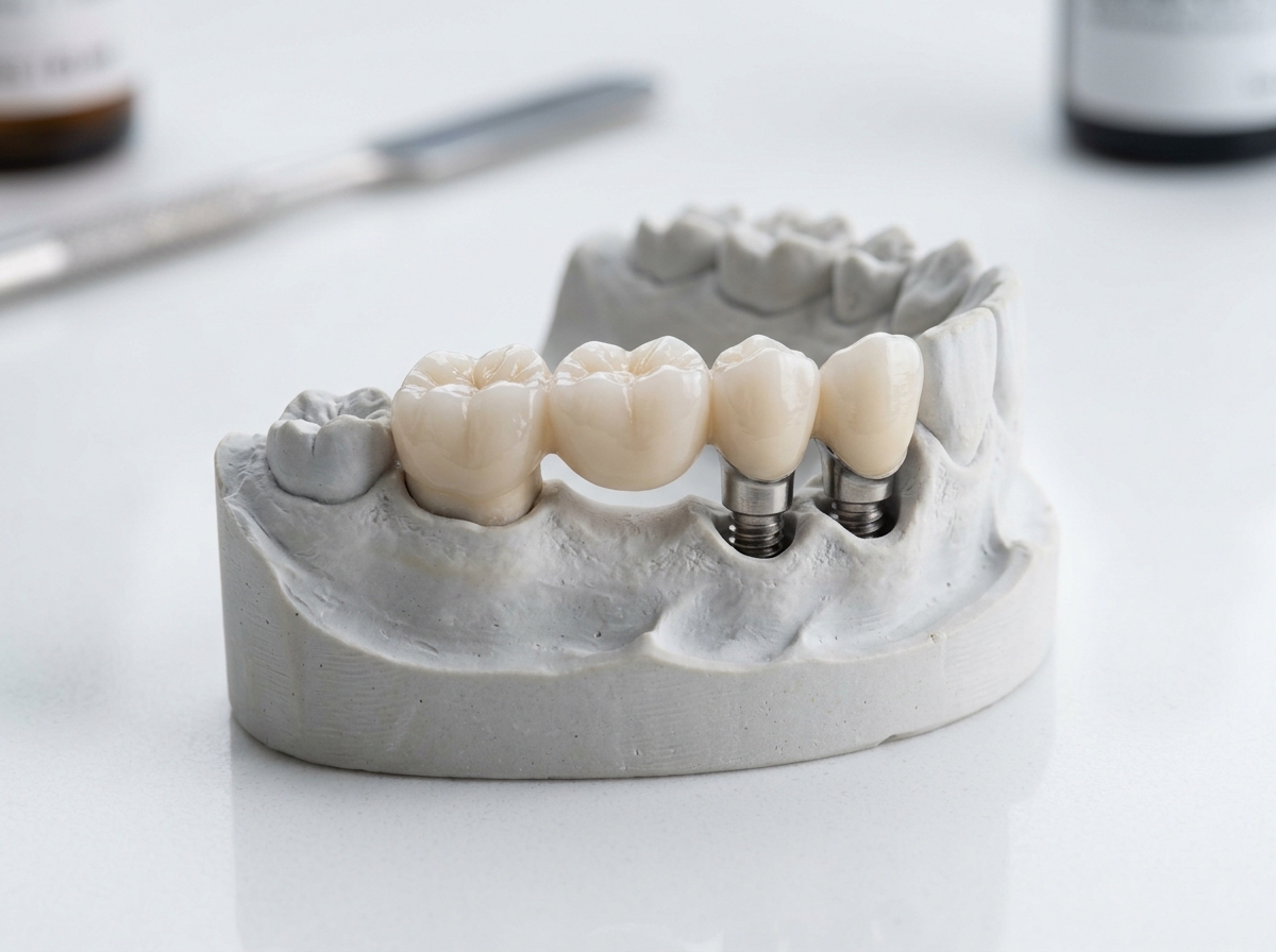 Precision 3 unit Zirconia bridge model supported by two titanium dental implants at Dental NKT