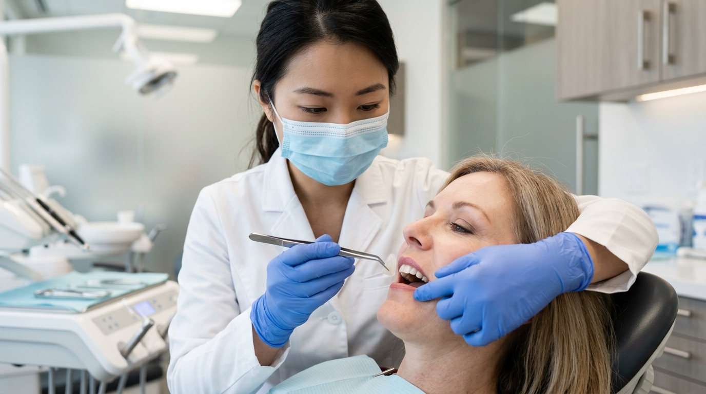 Dr. Nguyen Thu Hoai holding tweezers with micro thin lithium disilicate veneer evaluating are no prep veneers durable