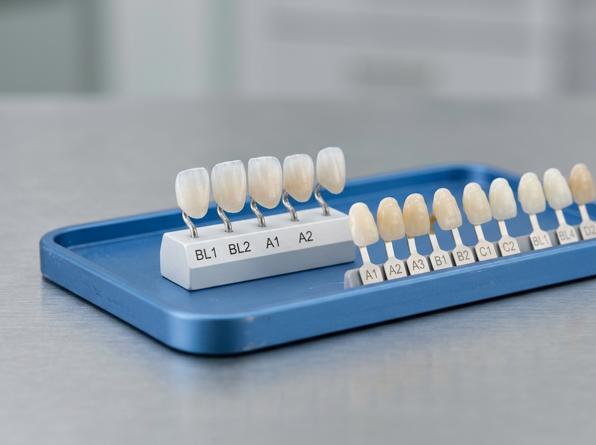 Ultra thin Emax porcelain veneers on shade guide tray at Dental NKT