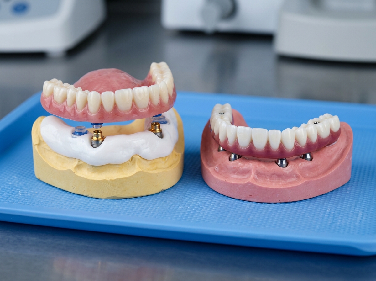 Implant overdenture model with locator attachments next to a fixed full arch bridge model at Dental NKT