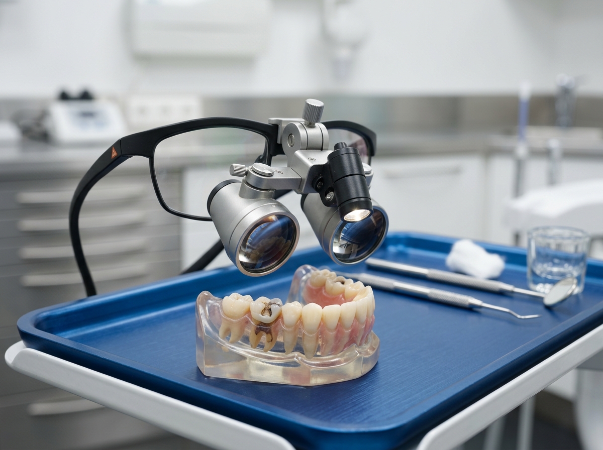 Dental magnification loupe inspecting tooth model for composite removal at Dental NKT