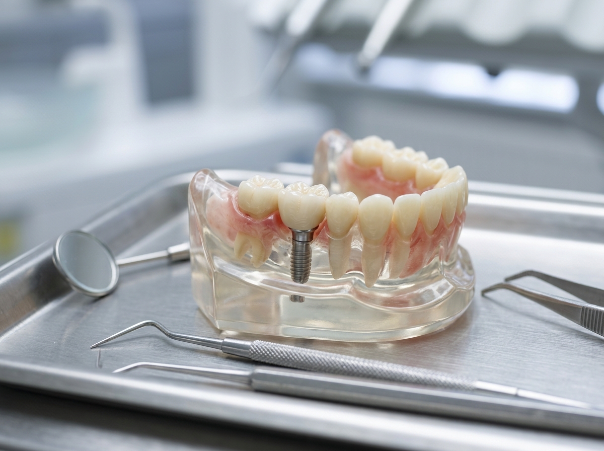 Precision immediate single front implant post with temporary crown model at Dental NKT