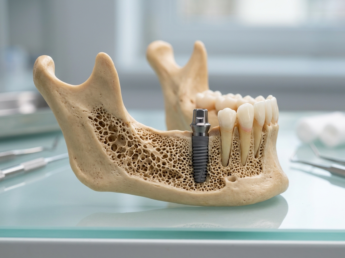 3D jawbone anatomical model showing bone density next to a dental implant at Dental NKT
