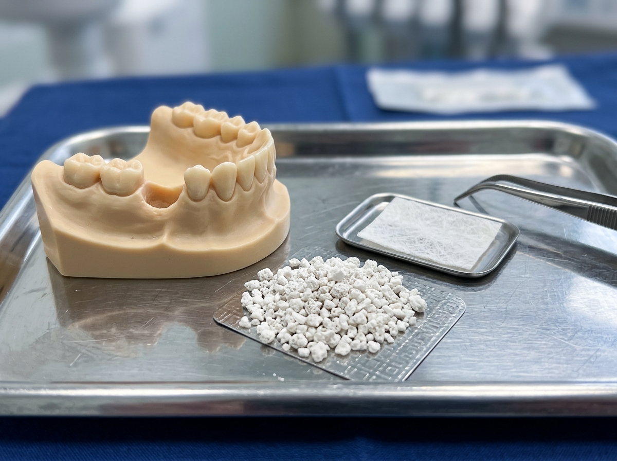Precision bone graft granules and titanium implant model at Dental NKT