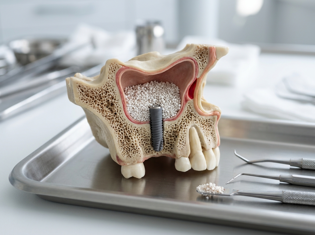Precision titanium implant post with closed sinus lift bone xenograft model at Dental NKT