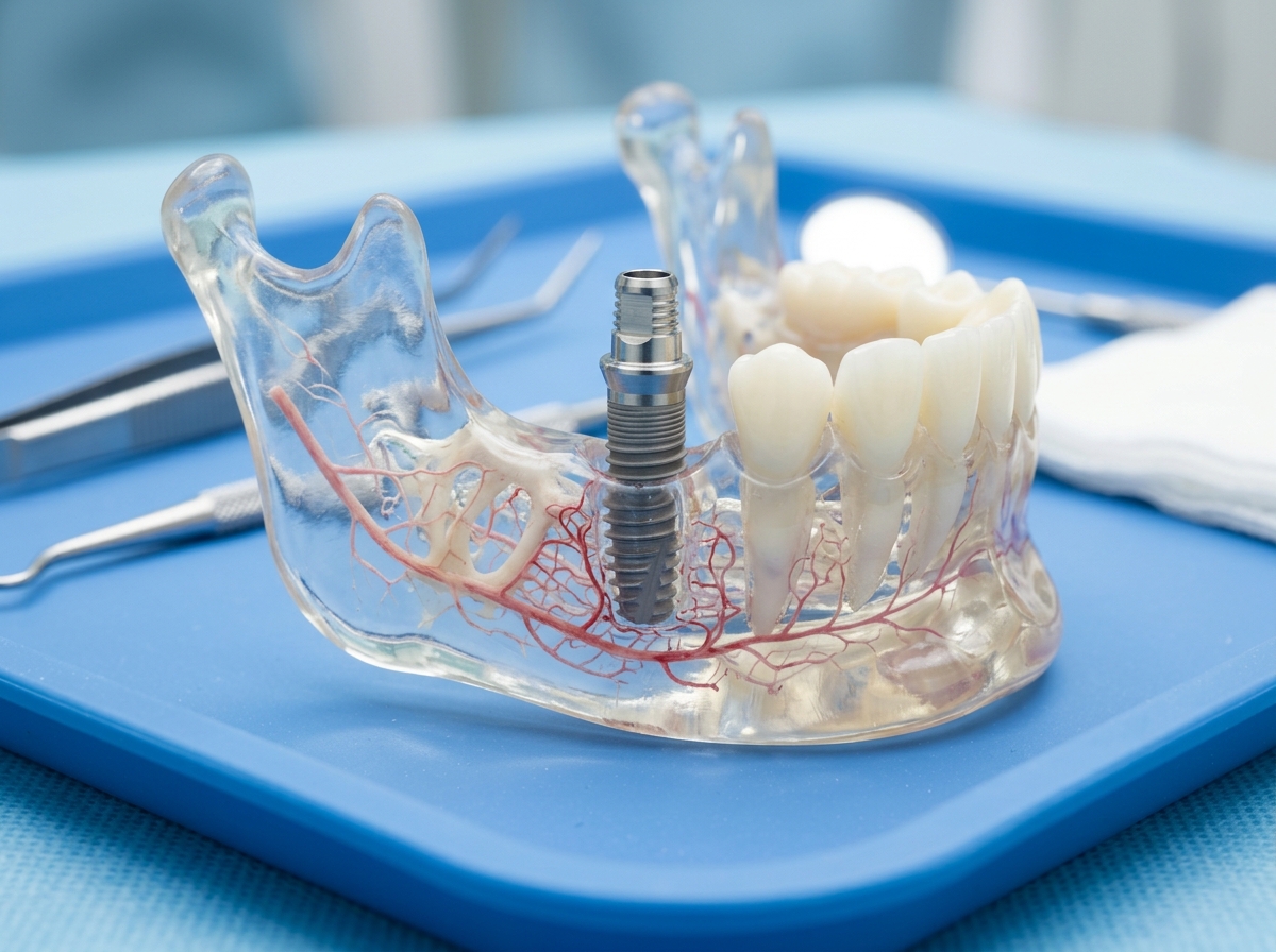 Titanium dental implant post in anatomical jawbone showing microvascular capillary structure at Dental NKT