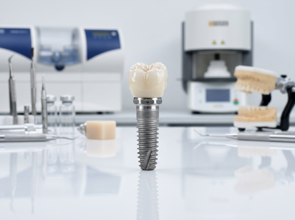Precision titanium dental implant post and monolithic Zirconia crown at Dental NKT