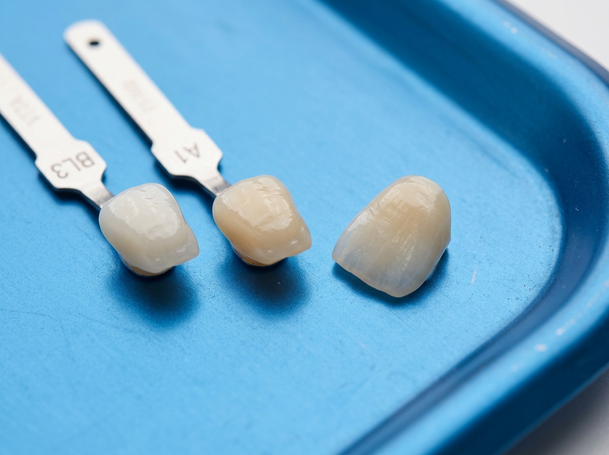 Shade guide tabs BL3 and A1 next to Emax porcelain veneer at Dental NKT