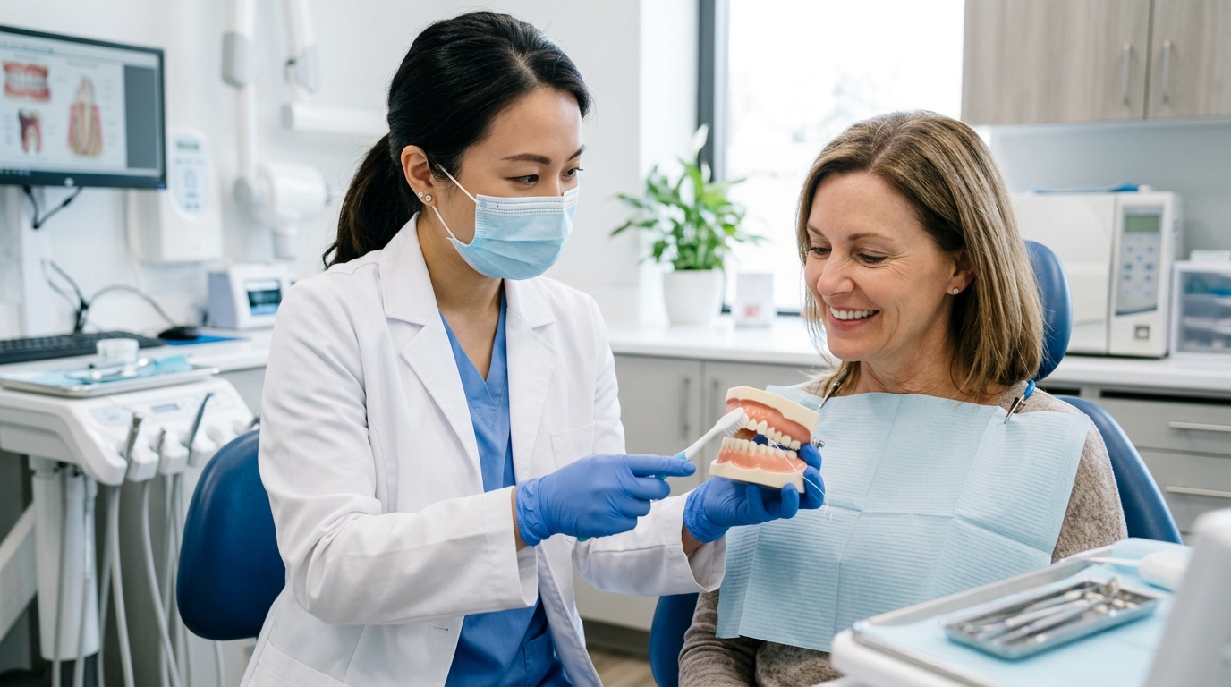 Dr. Nguyen Thu Hoai demonstrating toothbrushing and veneer flossing routine for how to care for porcelain veneers