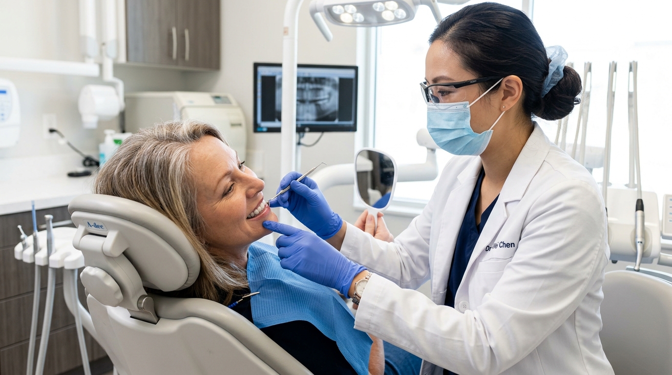 Dr. Nguyen Thu Hoai inspecting margin fit and occlusal contact for tooth sensitivity after veneers