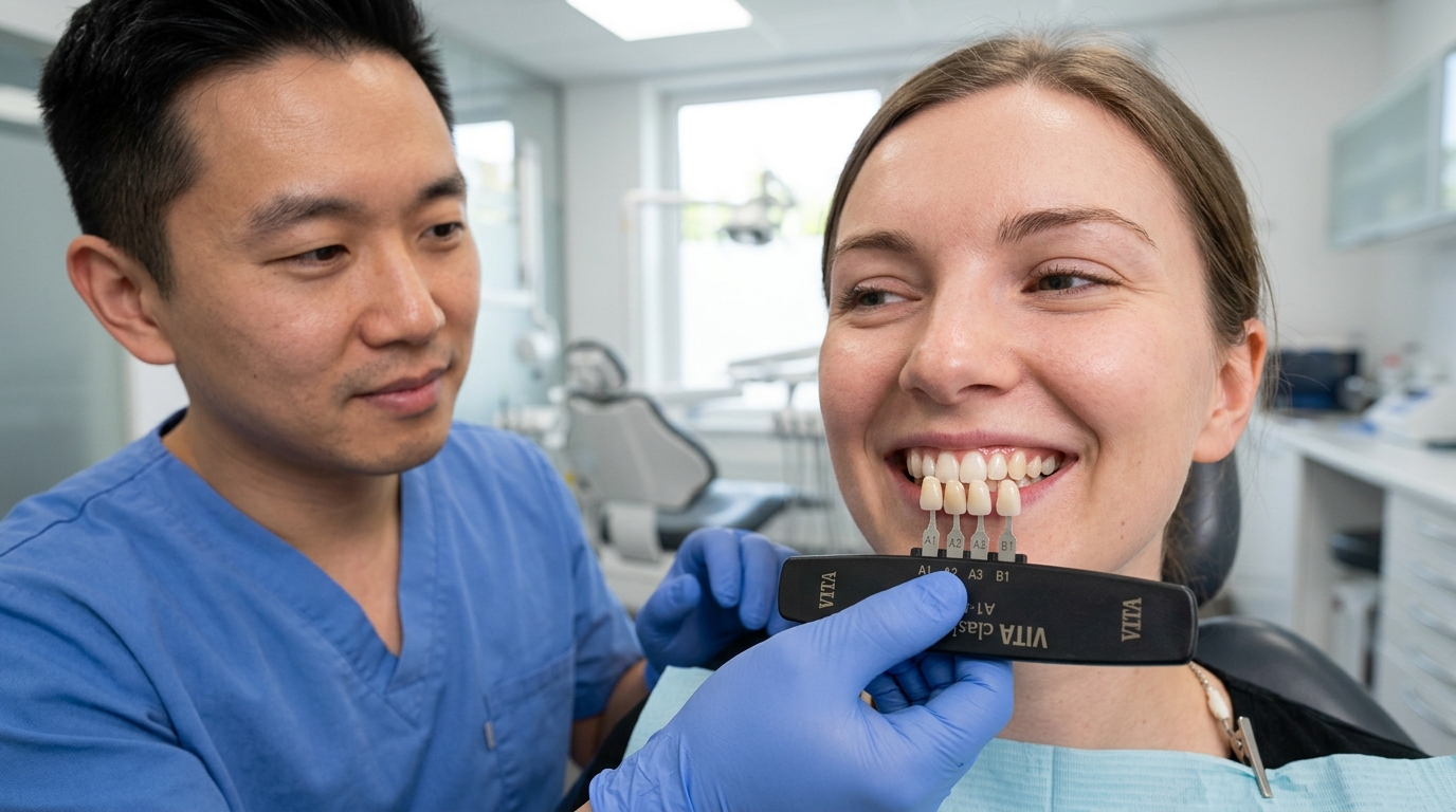 Clinical color matching showing how to choose natural tooth shade for veneers with shade tabs