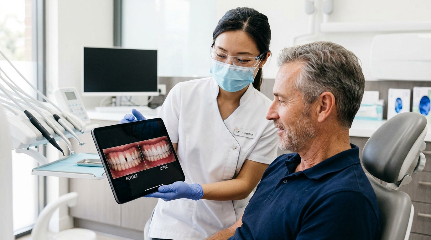 Dr. Le Thi Nhat Minh showing tablet with diastema before after gap closure for veneers for gapped teeth cost