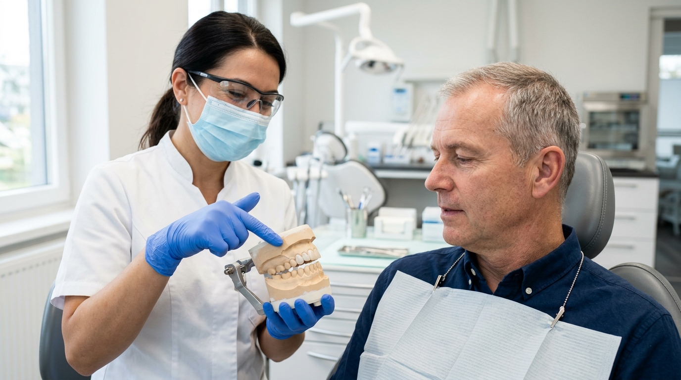 Dr. Nguyen Thi Thuy Hang showing teeth model to patient comparing veneers vs crowns for cosmetic dentistry