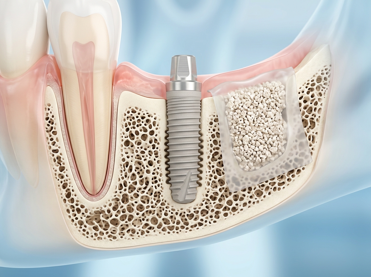 Cross section diagram showing dental implant bone graft granules placed around titanium post