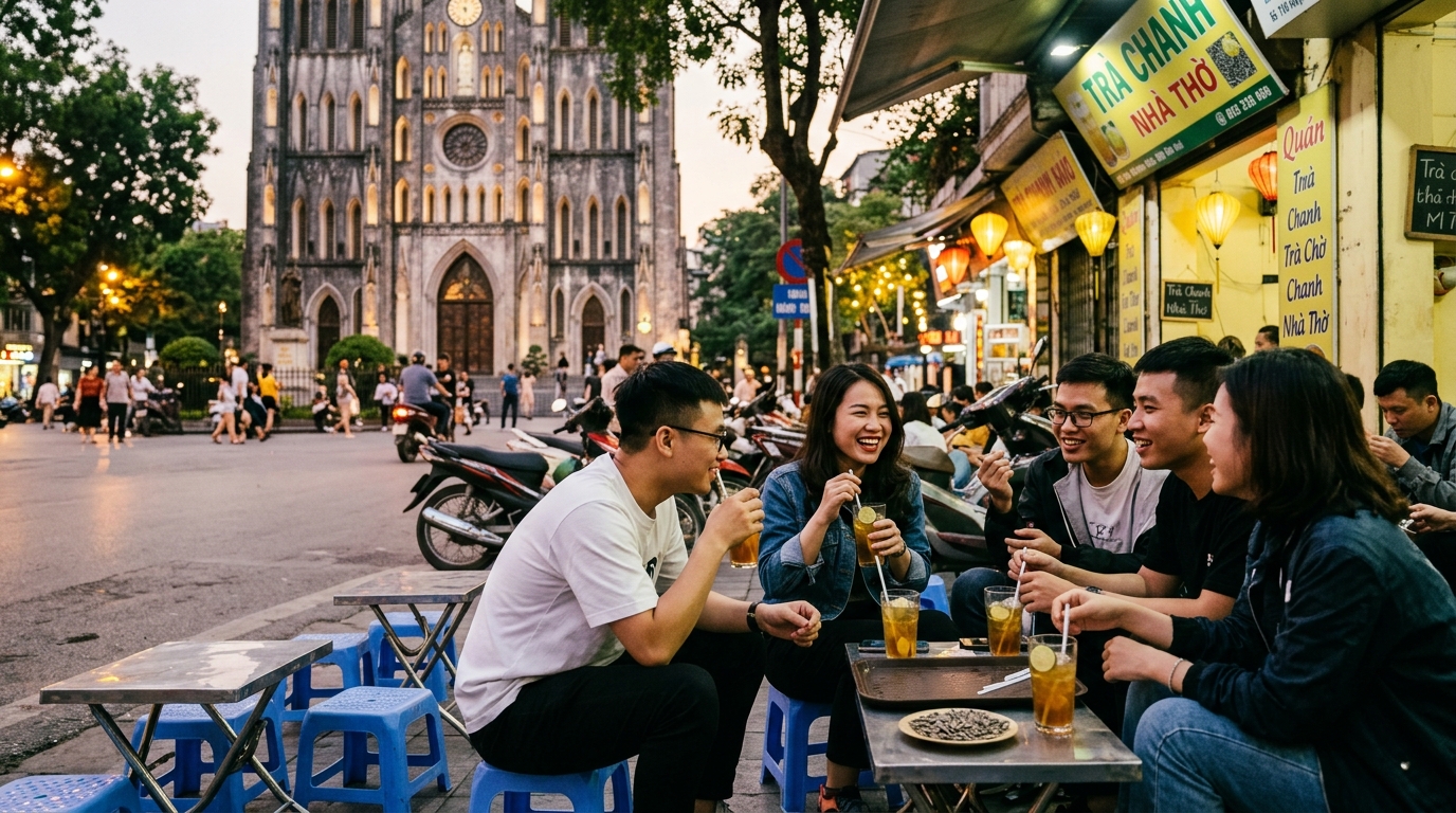 Young travelers enjoying iced lemon tea at sidewalk cafes facing St Joseph Cathedral plaza in Hanoi