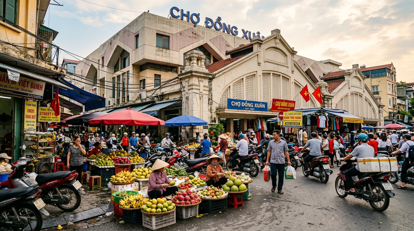 Bustling street market stalls in front of Dong Xuan Market in Hanoi Old Quarter