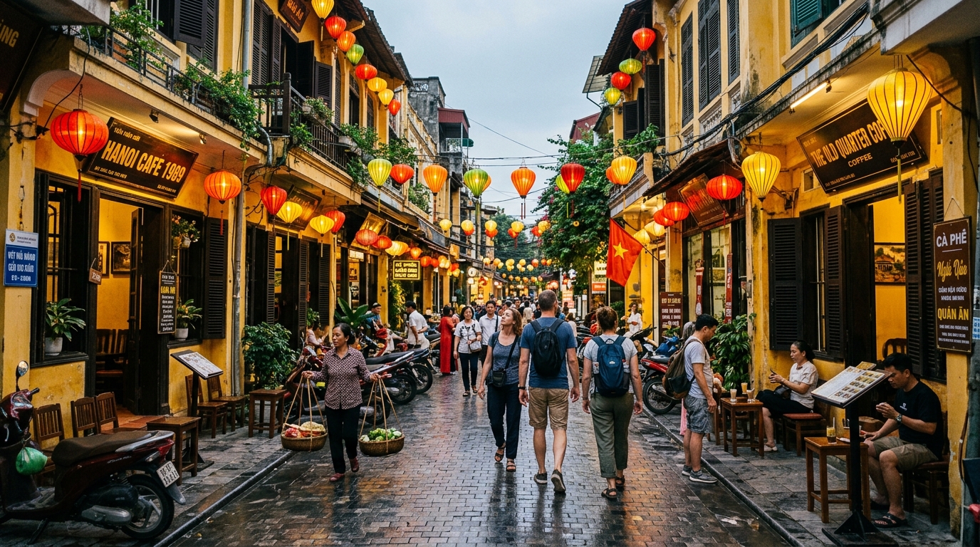Scenic self-guided walking route through historic yellow tube houses in Hanoi Old Quarter Vietnam