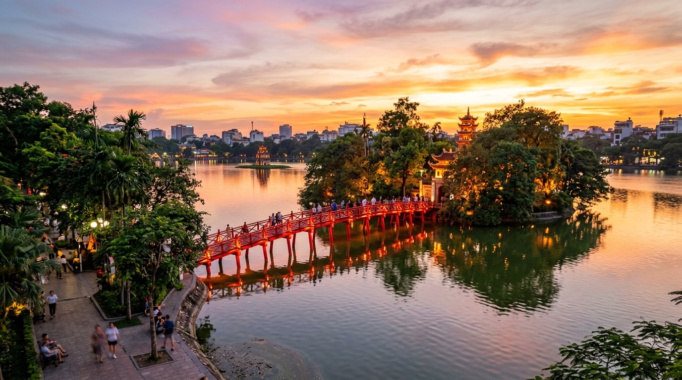 Panoramic sunset view of Hoan Kiem Lake, Turtle Tower, and scarlet Huc Bridge in Hanoi Vietnam