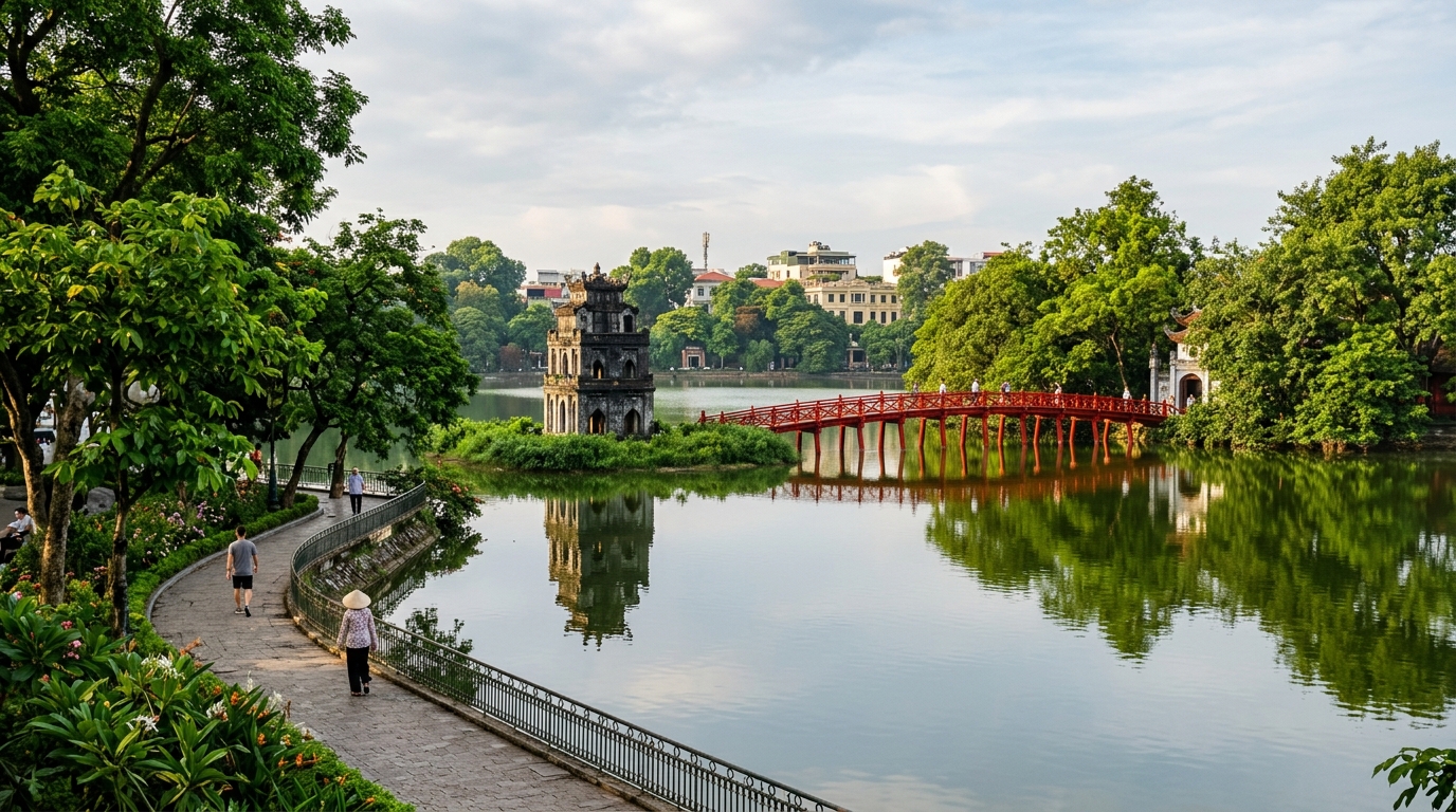 Scenic view of Turtle Tower and The Huc Bridge at Hoan Kiem Lake in Hanoi Vietnam