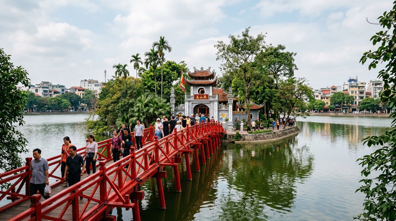 Scarlet wooden Huc Bridge leading to Ngoc Son Temple shrine on Jade Island in Hanoi