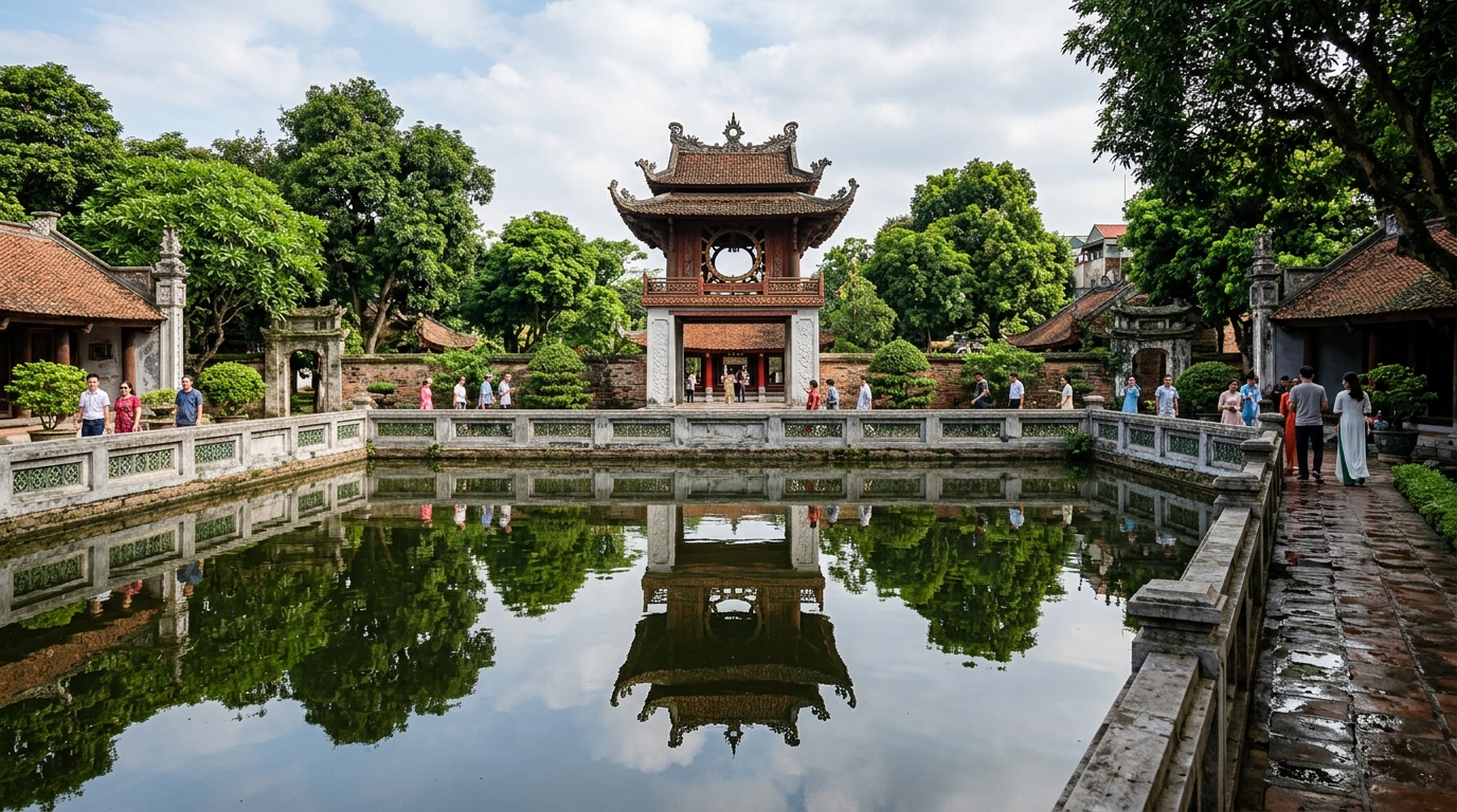 Khue Van Cac wooden pavilion reflecting on Thien Quang Well water pond at Temple of Literature Hanoi