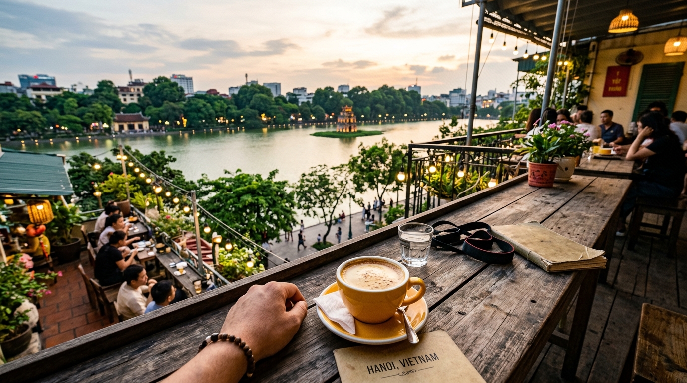 Rooftop balcony cafe in Hanoi Vietnam overlooking Turtle Tower and Hoan Kiem Lake