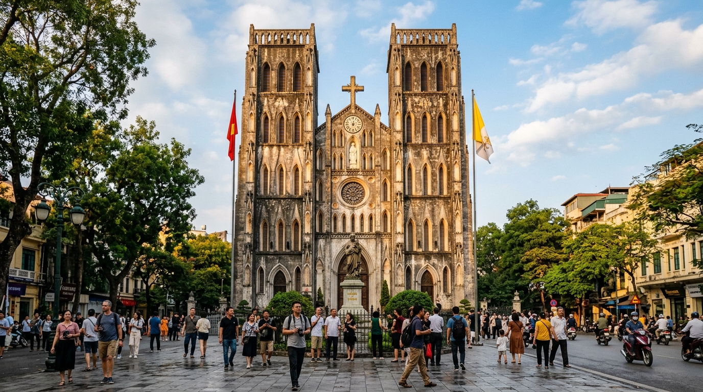 Scenic afternoon view of St Joseph Cathedral facade and plaza in Hanoi Vietnam