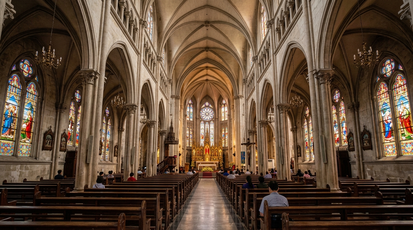 Soaring vaulted ceiling nave and French stained glass windows inside St Joseph Cathedral Hanoi