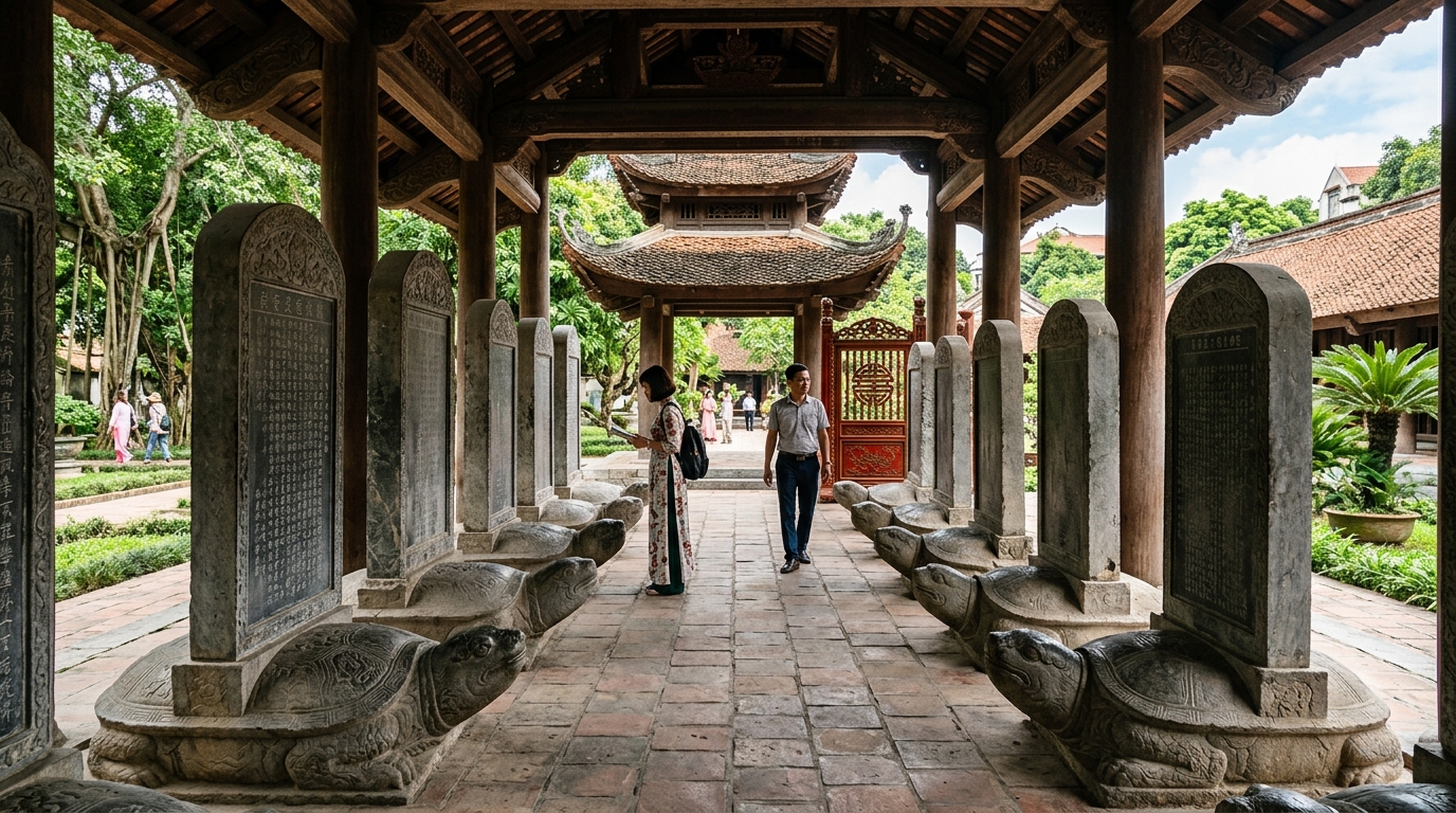 UNESCO Doctor Laureate stone stelae mounted on carved stone turtles at Temple of Literature Hanoi