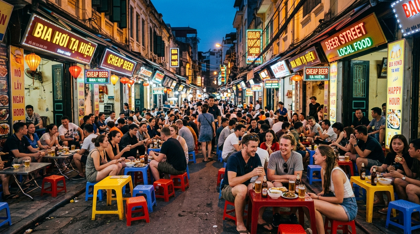 Lively evening atmosphere at Ta Hien Beer Street in Hanoi Old Quarter
