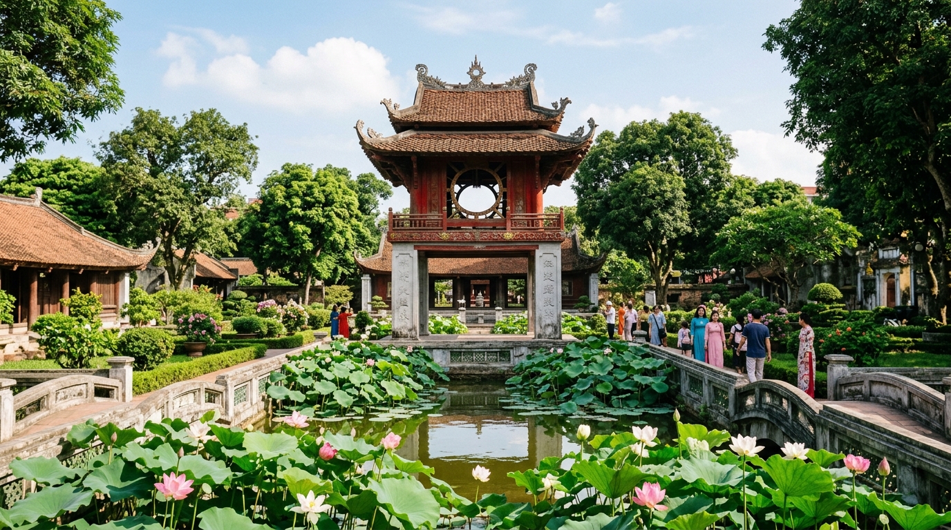 Panoramic view of Khue Van Cac pavilion and manicured lotus gardens at Temple of Literature Hanoi