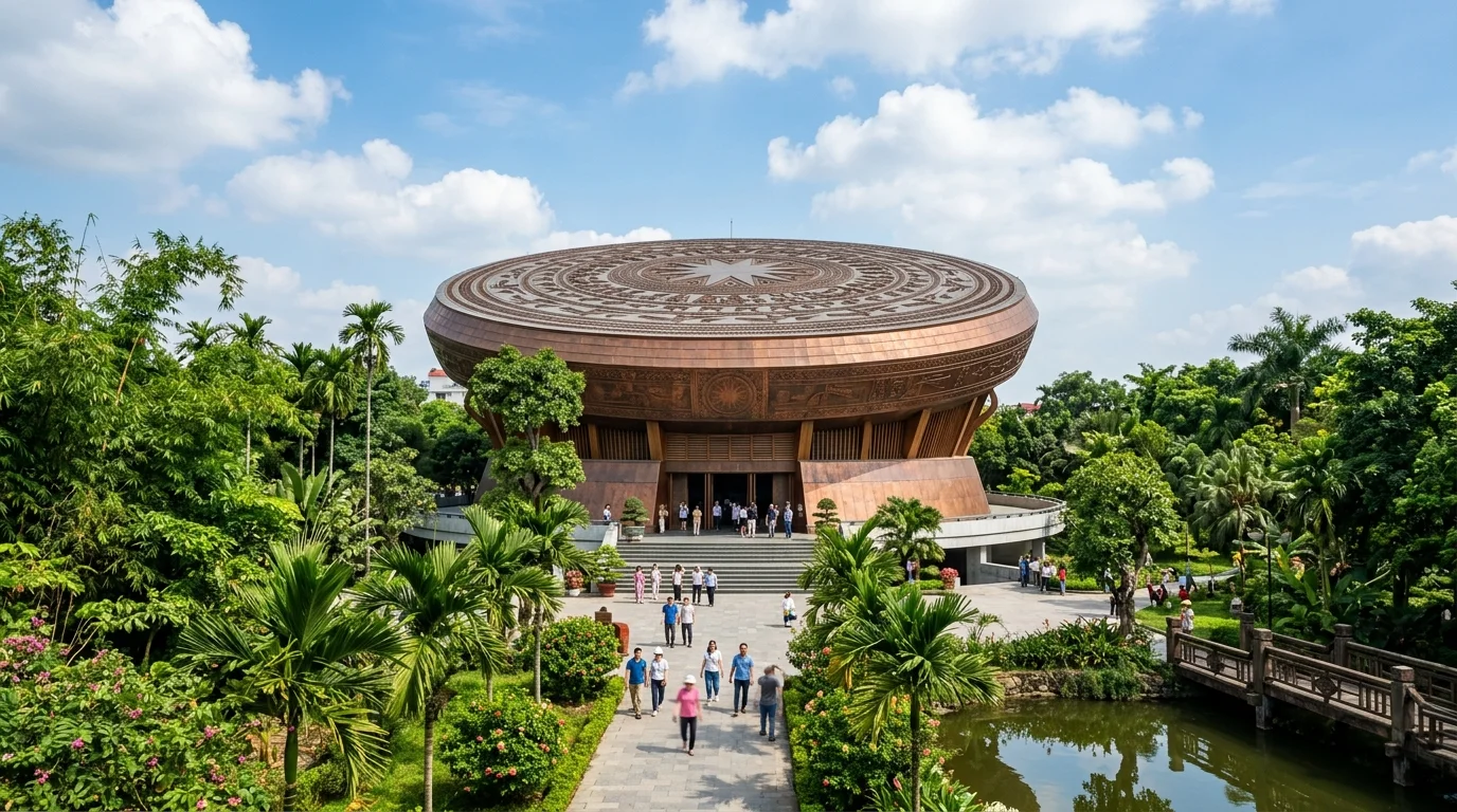 Live traditional water puppet performance over lily pond inside Hanoi Museum of Ethnology outdoor garden